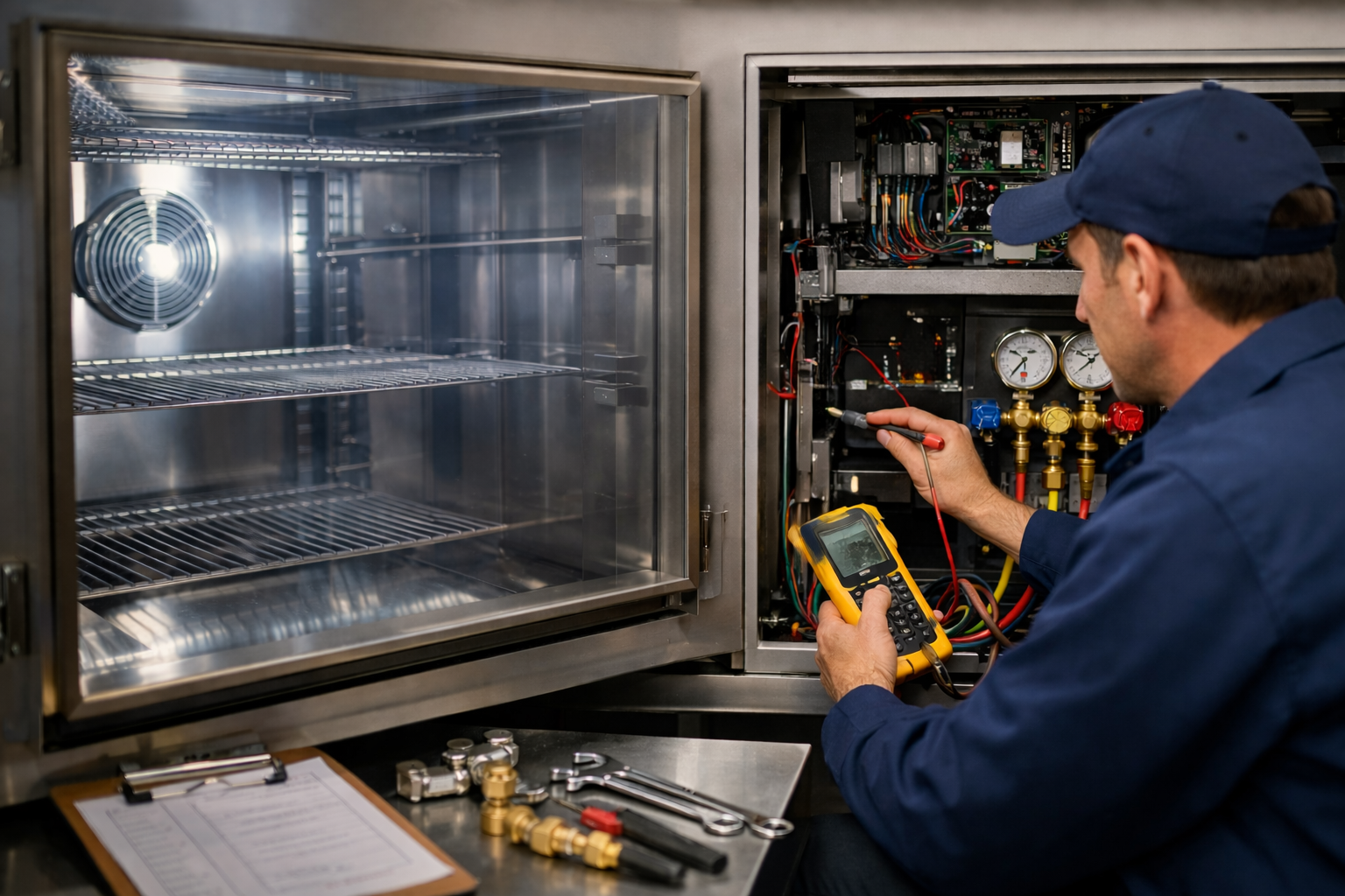 Engineer performing preventive maintenance on an environmental test chamber under AMC